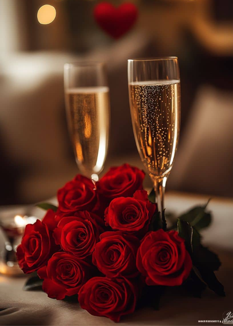 Цветы, коробка конфет и шампанское